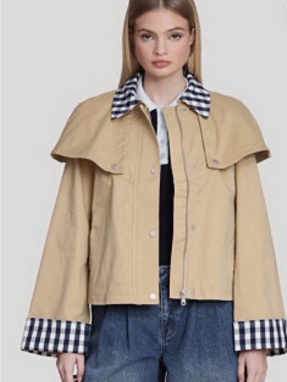 Avec Les Filles Beige Gingham Cropped Cape Jacket NWT XL - Picture 2 of 4